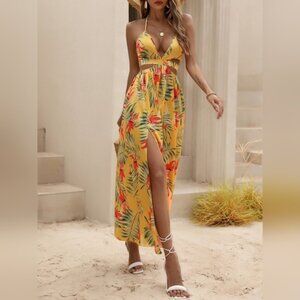 Tropical Print Backless Knot Halter Neck Slit Thigh Dress